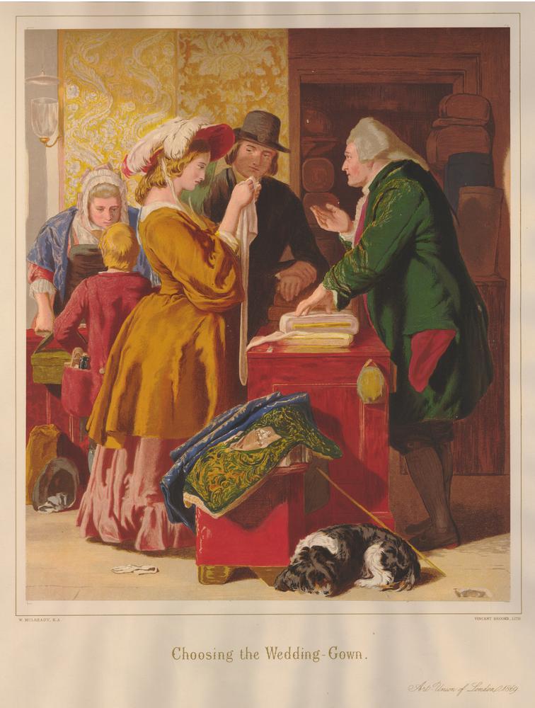 A vintage print shows a couple choosing a wedding gown with assistance from a shopkeeper, reflecting historical desi fashion.